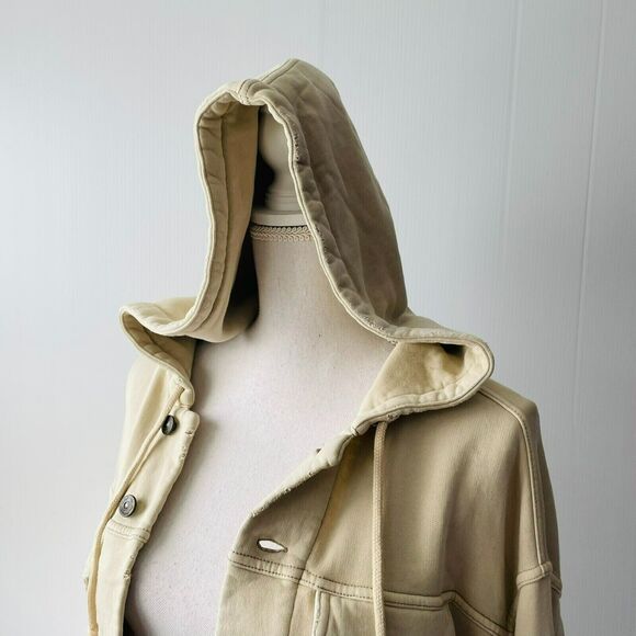 Free People Dreamers Cropped Knit Jacket Tea Tan Fleece Lined Size Small S Hood - Picture 5 of 10